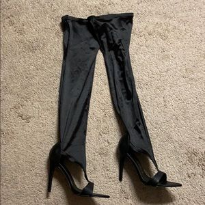 Mackin J black Over the knee open toe heels